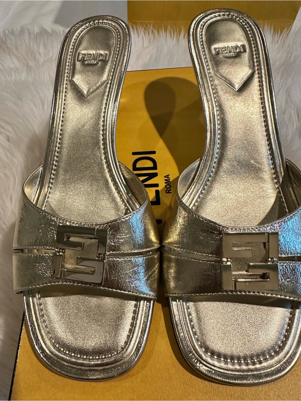 Fendi Ffold Gold Metallic Logo Slide Heels - Picture 2 of 10